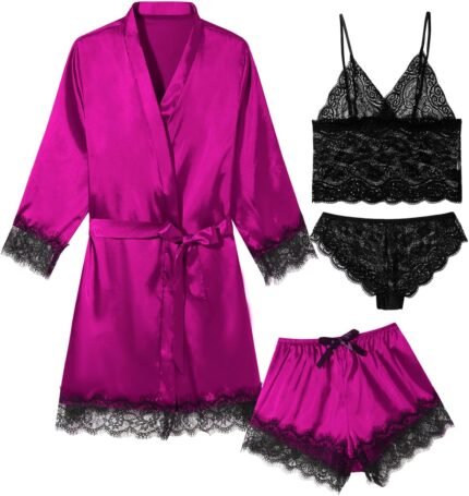 Womens Lingeries Silk Pajamas Robes Set 4 Pcs Attractive Pjs Cami Shorts Satin Sleepwear Lace Loungewear