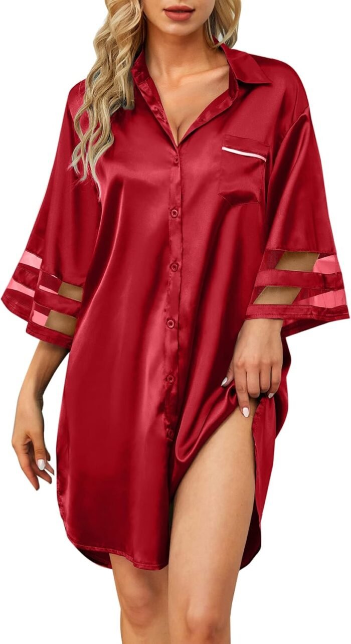 Women’s Satin Nightgown Button Down 3/4 Sleeve Sleepwear Silk Night Gowns Nightshirt with Pocket