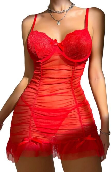 SEAUR Womens See By means of Sheer Gown with Thong Low Lower Sleeveless Sleepwear Strappy Ruffle Trim Ruched Nightgown SEAUR Womens See By means of Sheer Gown with Thong Low Lower Sleeveless Sleepwear Strappy Ruffle Trim Ruched Nightgown
