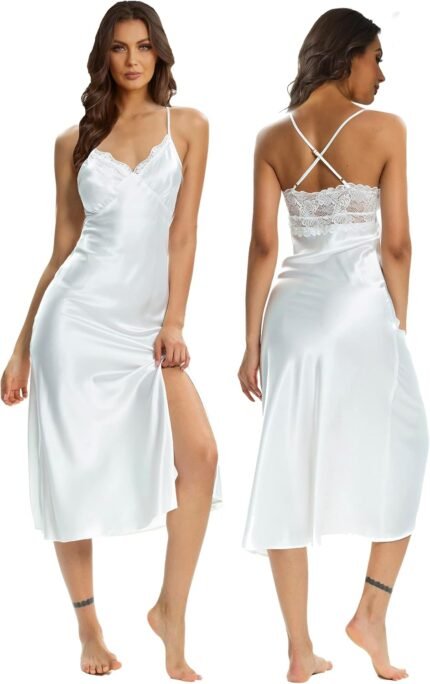 ALCEA ROSEA Women Silk Satin Nightgown Sexy Lace Chemise Lingerie Long Sleepdress for Ladies Sleepwear Slip Negligee ALCEA ROSEA Women Silk Satin Nightgown Sexy Lace Chemise Lingerie Long Sleepdress for Ladies Sleepwear Slip Negligee