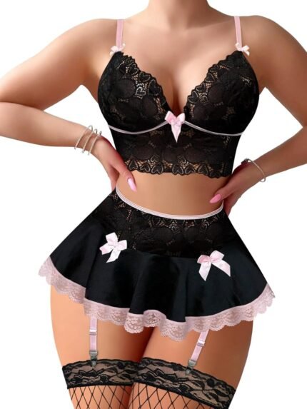 Sexy Stocking Mini Skirt Wireless Mesh Lace Garter Lingerie with Thong Set 4 Pieces Sexy Stocking Mini Skirt Wireless Mesh Lace Garter Lingerie with Thong Set 4 Pieces