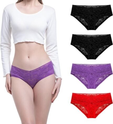 Womens Horny Lace Bikini Panties Comfy Tender Low Waist Hipster Briefs Underwear 4 Pack