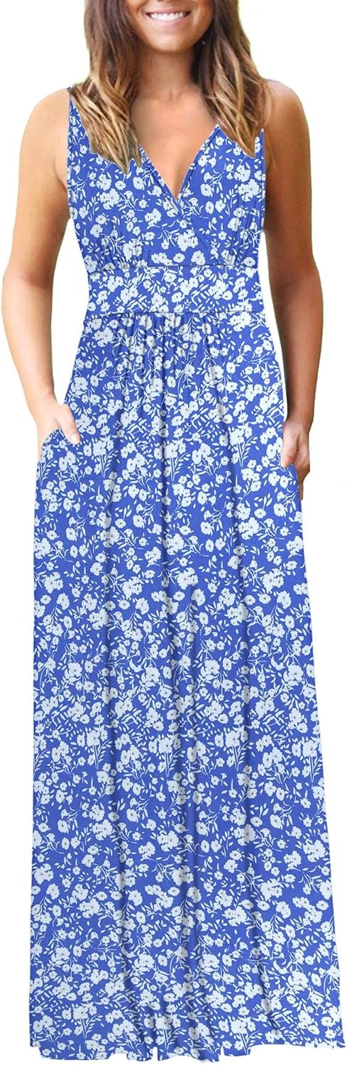 AUSELILY Ladies’s Sleeveless Formal Gown Deep V Neck Unfastened Plain Cocktail Lengthy Maxi Clothes with Pockets 2025 New