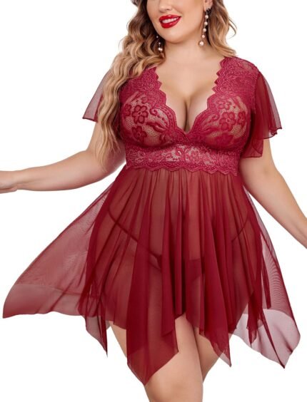Avidlove Ladies’s Plus Dimension Babydoll Floral Lace Lingerie Deep V Nighty Mesh Sleepwear