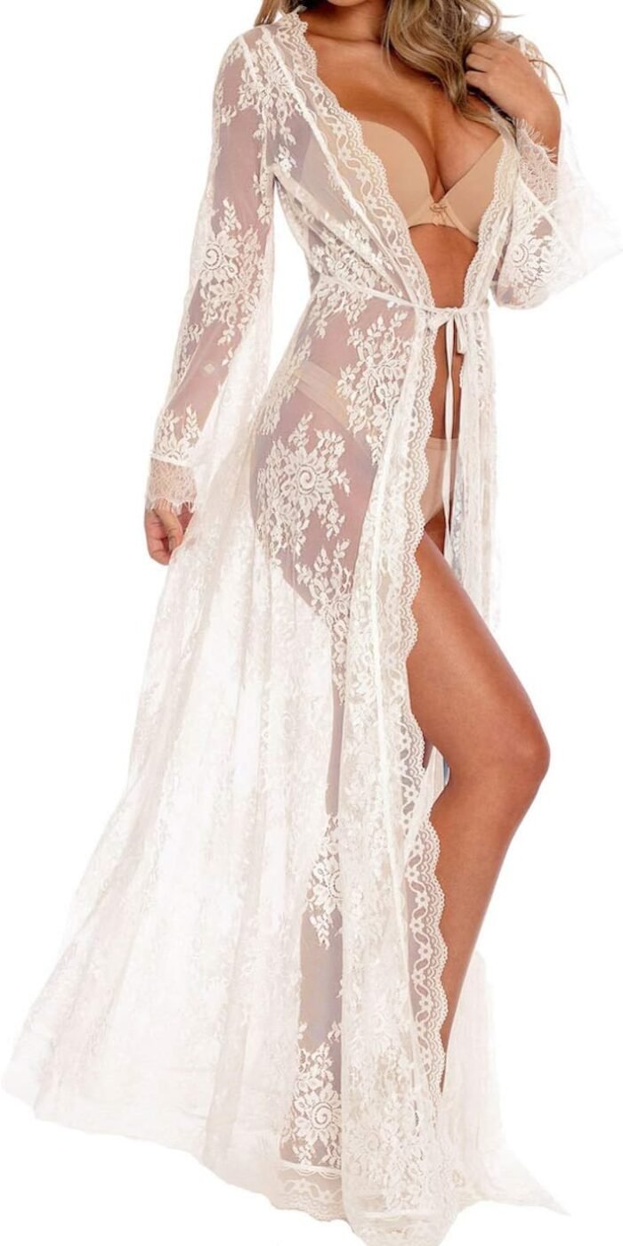 BUTTZO Women Sexy Long Lace Dress Sheer Gown See Through Lingerie Kimono Robe Swimsuit Cover Up