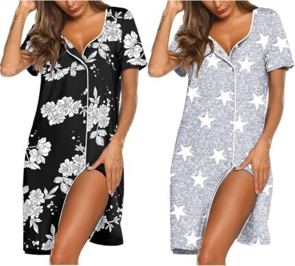 Ekouaer Nightgowns for Ladies 2 Pack Button Down Sleepshirt Brief Sleeve Nightshirt Mushy Sleepwear V Neck Pajama Costume Ekouaer Nightgowns for Ladies 2 Pack Button Down Sleepshirt Brief Sleeve Nightshirt Mushy Sleepwear V Neck Pajama Costume