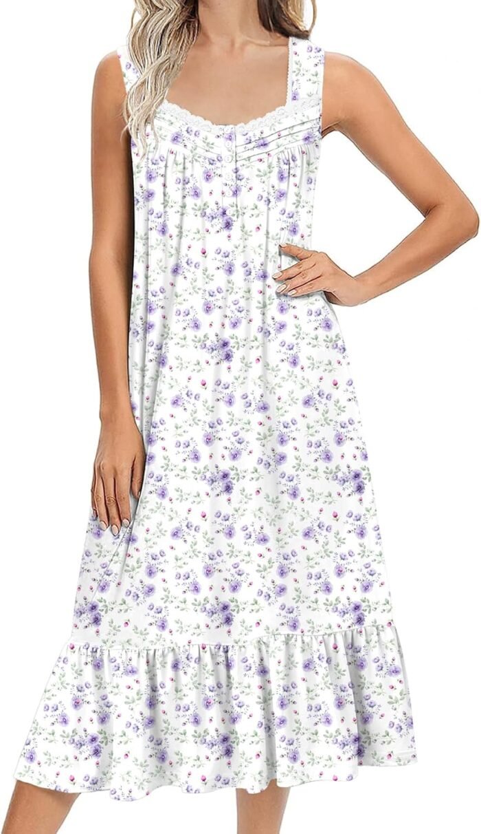 Ekouaer Nightgowns for Ladies Lengthy Sleeveless Night time Robe Victorian Nightdress Button Sleepshirt Gentle Sleepwear S-XXXL