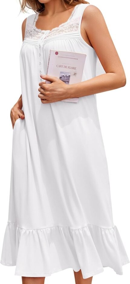 Ekouaer Nightgowns for Girls Sleeveless Evening Robe Victorian Sleep Shirt with Pockets Women Pajamas Lace Trim Sleepwear