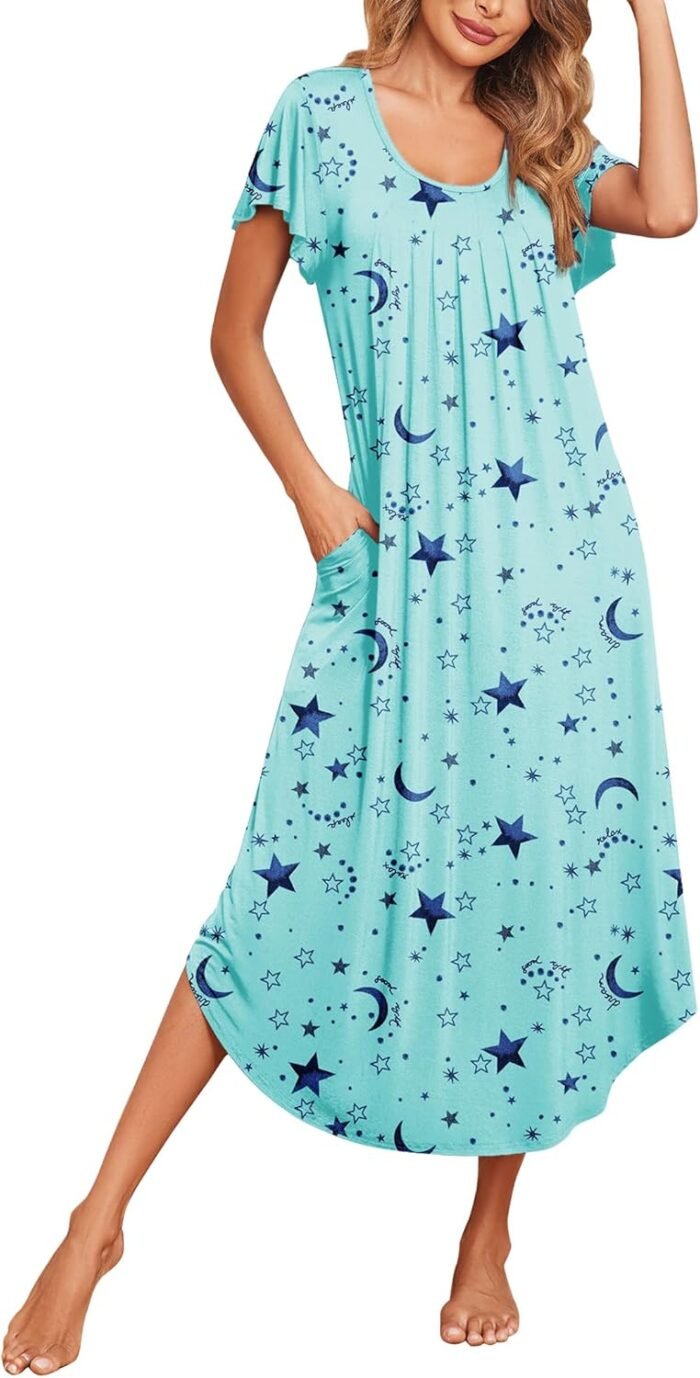 Ekouaer Women’s Nightgowns Long Sleepshirt Short Flare Sleeve Sleepwear Soft Night Shirts with Pockets M-3XL