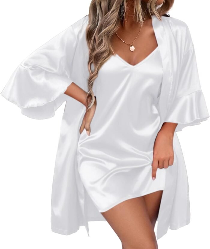 Ekouaer Women’s Silk Robe Set V-neck 2 Piece Bridal Party Robes and Satin Bathrobe Set with Pockets