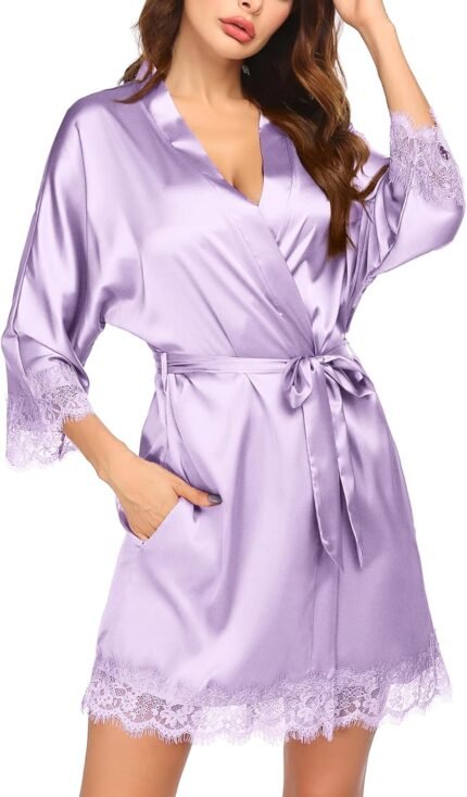 Ekouaer Ladies’s Silk Gown Quick Lace Trim Satin Kimono 3/4 Sleeve Attractive Bride Comfortable Sleepwear With Pockets