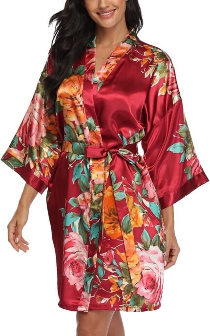 Floral Silk Robes for Girls Brief Satin Kimono Bride Bridesmaid Robes Bathrobe