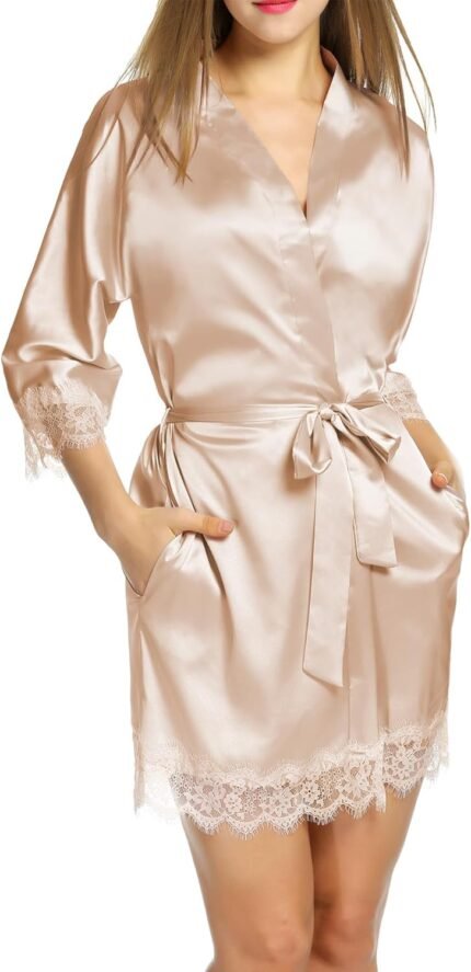 HOTOUCH Silk Robes for Ladies Brief Lace Trim Satin Bride Gown 3/4 Sleeve Attractive Kimono Gown Sleepwear with Pockets HOTOUCH Silk Robes for Ladies Brief Lace Trim Satin Bride Gown 3/4 Sleeve Attractive Kimono Gown Sleepwear with Pockets