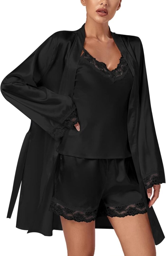 LYANER Women’s 3pcs Sleepwear Silk Satin V Neck Lace Trim Cami Top and Shorts Pajama Set with Robe