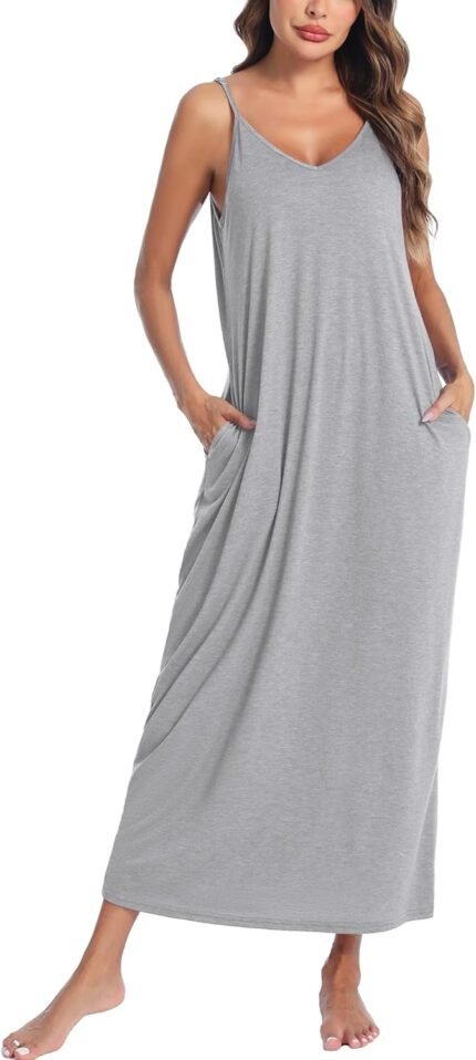 Marvmys Womens Cotton Lengthy Nightgowns Spaghetti Strap V Neck Full Slip Sleep Shirts with Pockets Marvmys Womens Cotton Lengthy Nightgowns Spaghetti Strap V Neck Full Slip Sleep Shirts with Pockets