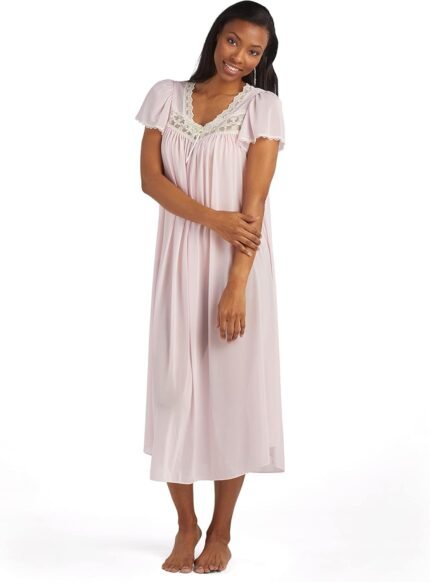 Miss Elaine Silk Essence Nightgown – Lengthy Silky & Sheer Tricot Robe with Flutter Sleeves Miss Elaine Silk Essence Nightgown – Lengthy Silky & Sheer Tricot Robe with Flutter Sleeves