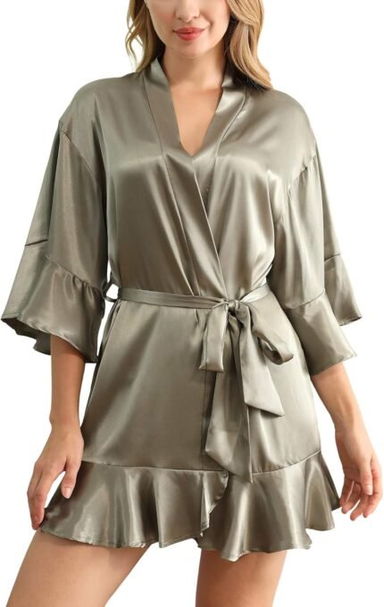 Silk Satin Gown for Girls, Gentle and Elegant Quick Kimono with Ruffle Hem, Luxurious Sleepwear and Loungewear Silk Satin Gown for Girls, Gentle and Elegant Quick Kimono with Ruffle Hem, Luxurious Sleepwear and Loungewear