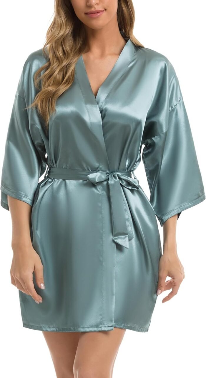 Vlazom Womens Kimono Robes Dressing Gown Satin Bathrobe Nightdress Short Style Bridal Robe