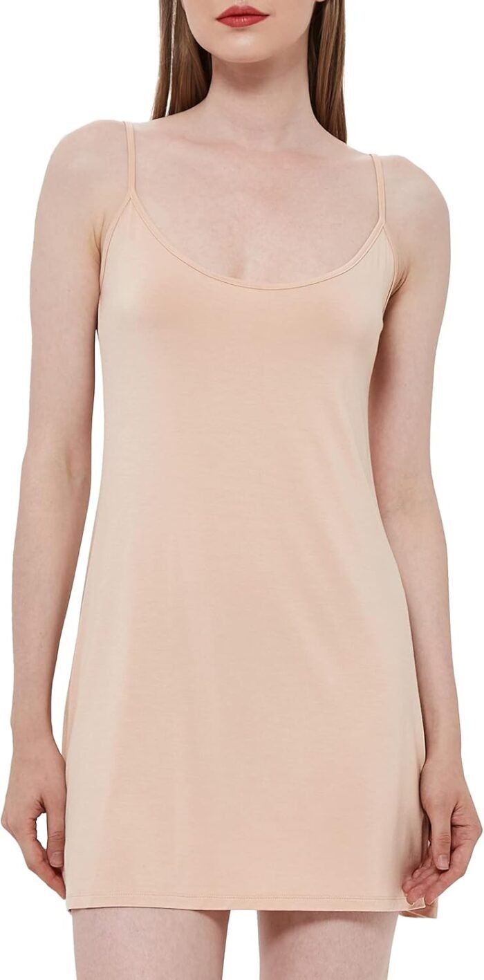 Girls’s Bamboo Viscose Full Slips for Below Clothes Adjustable Spaghetti Straps Cami Slip Gown
