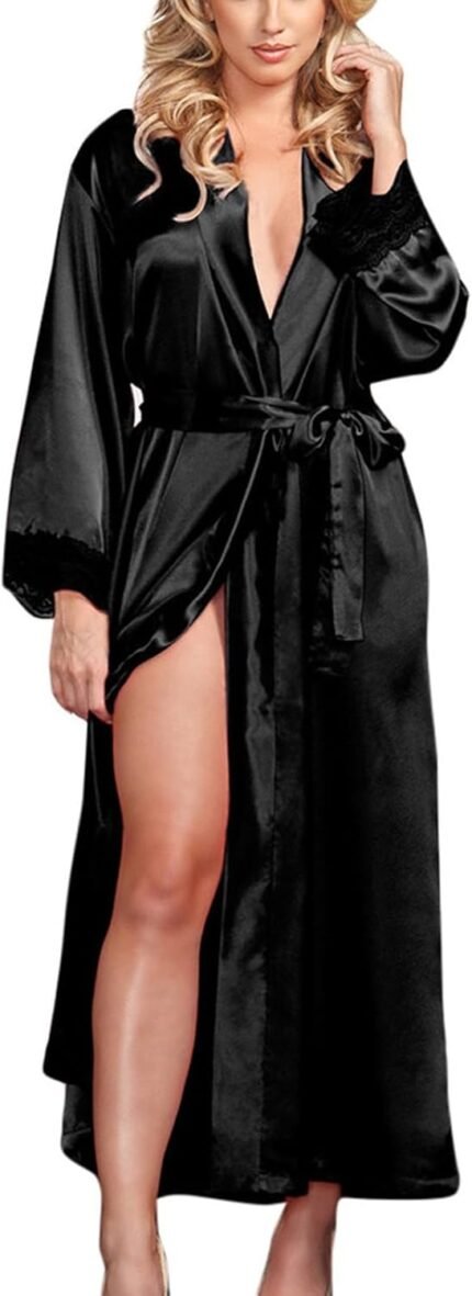 Ladies’s Elegant Full-Size Satin Nightgown Comfortable Light-weight Pajamas Lace Cuff Lengthy Sleeve Sleep Robes Home Attire