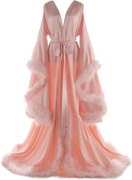 Girls’s Feather Bridal Robes Outdated Hollywood Maternity Photoshoot Nightgown Silk Bathrobe Lengthy Lingerie