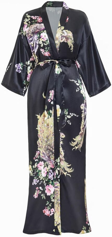 Girls’s Satin Kimono Robes Peacock and Floral Printed Lengthy Bathrobe Bridesmaid Marriage ceremony Social gathering Dressing Robe