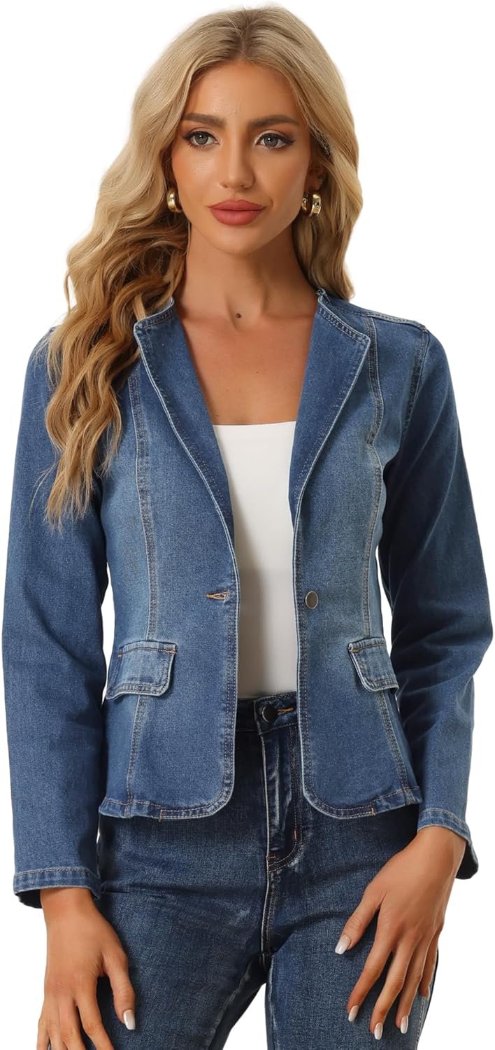 Allegra Ok Ladies’s Stretchy Jean Jacket Lapel Collar One Button Lengthy Sleeve Work Informal Mild Weight Denim Jackets Allegra Ok Ladies’s Stretchy Jean Jacket Lapel Collar One Button Lengthy Sleeve Work Informal Mild Weight Denim Jackets