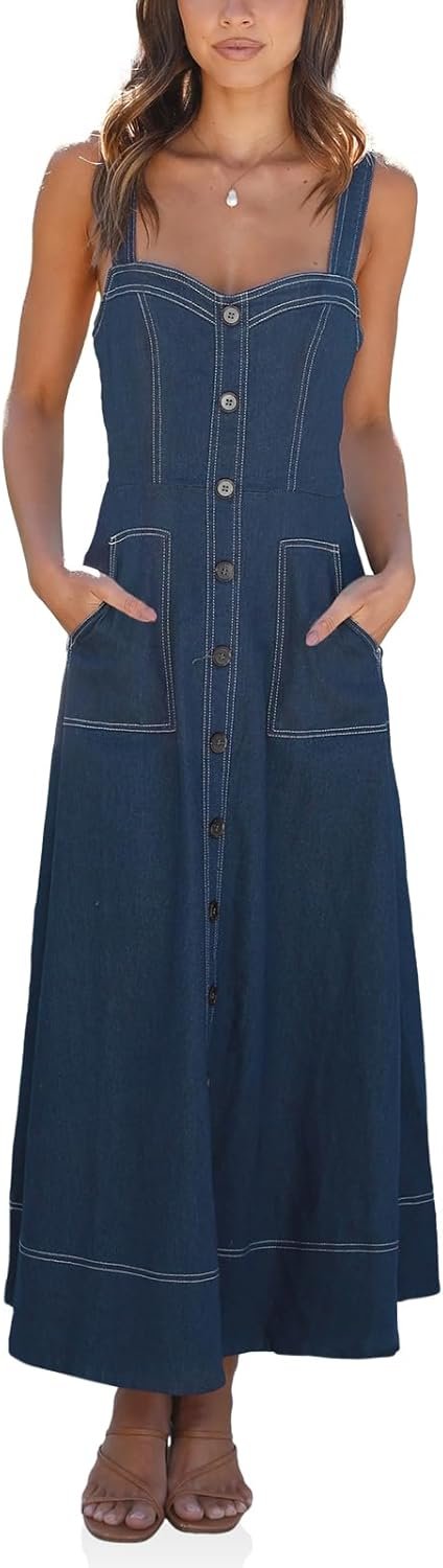Fisoew Ladies’s Lengthy Denim Costume Sleeveless Adjustable Straps A Line Maxi Costume with Pockets Fisoew Ladies’s Lengthy Denim Costume Sleeveless Adjustable Straps A Line Maxi Costume with Pockets