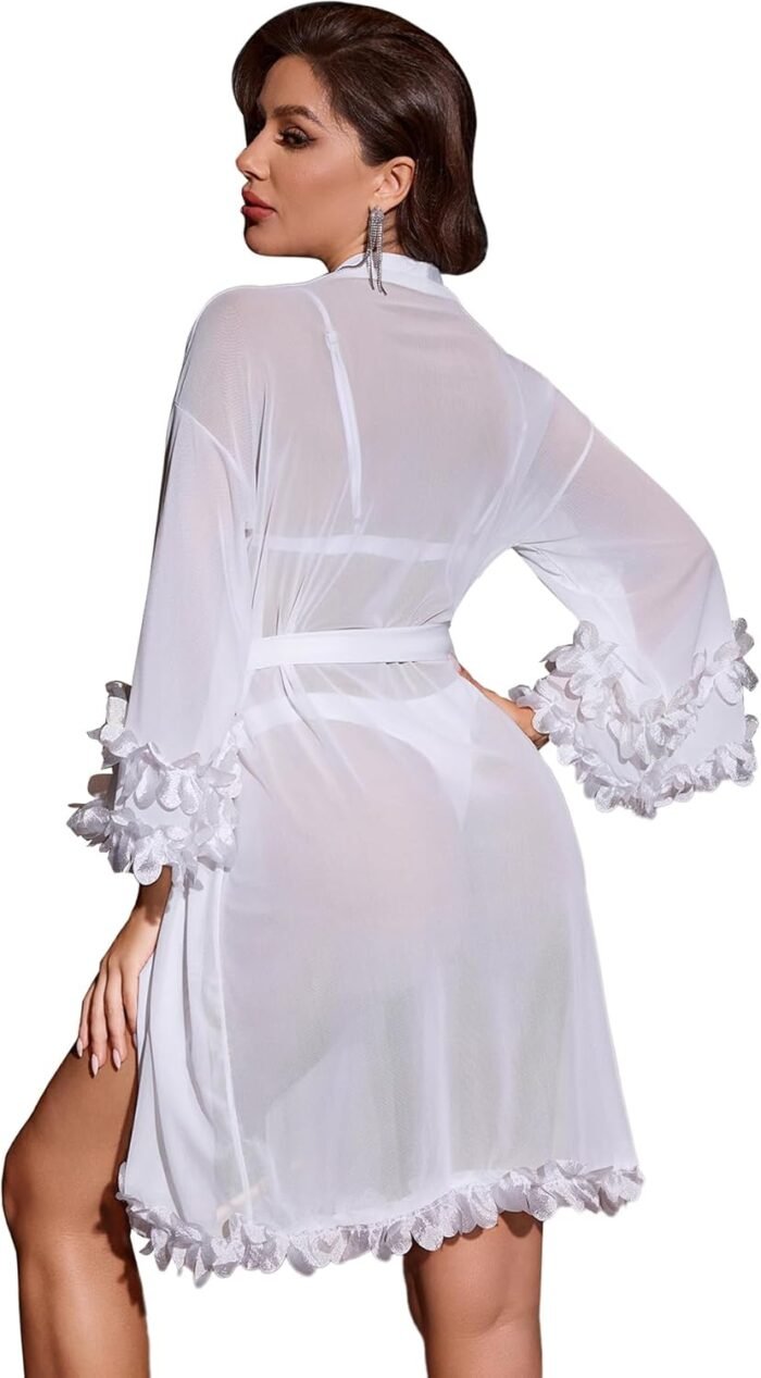 OYOANGLE Ladies’s Mesh Sheer Appliques Trumpet Floral Sleeve Belted Sleep Gown Bridal Wedding ceremony Lingerie