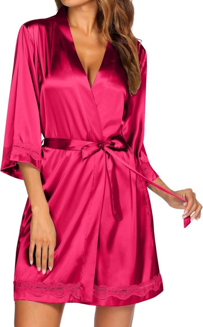 Ekouaer Ladies’s Lace-Trim Silk Robes Bride Bridesmaid Kimono Satin Bathrobe V Neck Sleepwear with 3/4 Sleeve