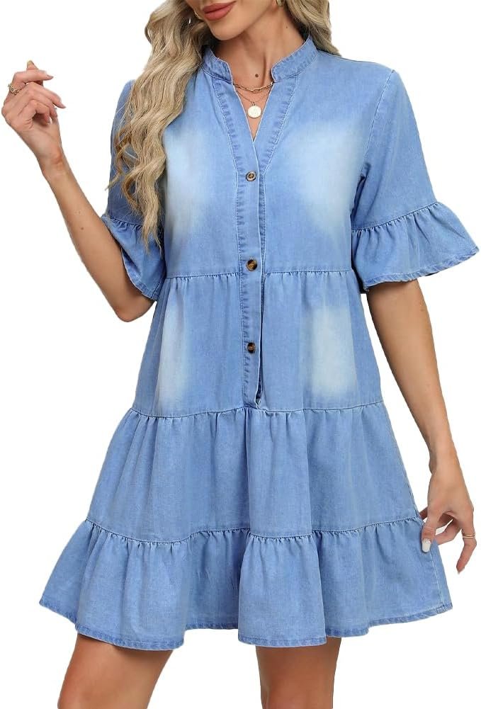 CYLADY Girls Denim Attire Informal V Neck Ruffle Quick Sleeve Summer season Denim Jean Gown