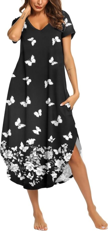 Ekouaer Nightgowns for Ladies V Neck Nightshirts Quick Sleeve Smooth Sleepwear Facet Cut up Pockets Lengthy Nightdress