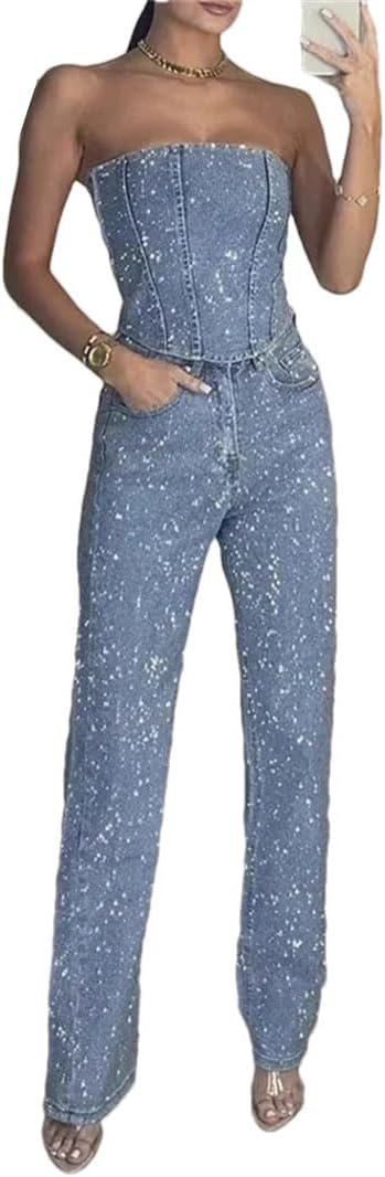 Ladies Diamond Denim Pant Set Slim Spring Tube Tops Backless Pocket Denims Go well with Shine Units Ladies Diamond Denim Pant Set Slim Spring Tube Tops Backless Pocket Denims Go well with Shine Units