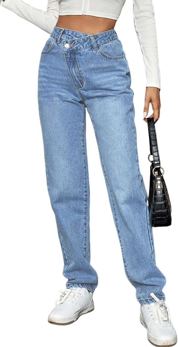 Ladies’s Excessive Waisted Straight Leg Asymmetrical Button Denim Denims Fashionable Lengthy Informal Pants Ladies’s Excessive Waisted Straight Leg Asymmetrical Button Denim Denims Fashionable Lengthy Informal Pants