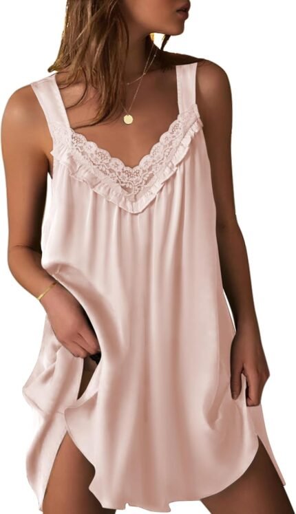 Ekouaer Ladies’s Satin Silk Nightgown V Neck Attractive Nightdress Tank Sleeveless Sleepshirt Lace Sleep Gown Nightwear S-XXXL