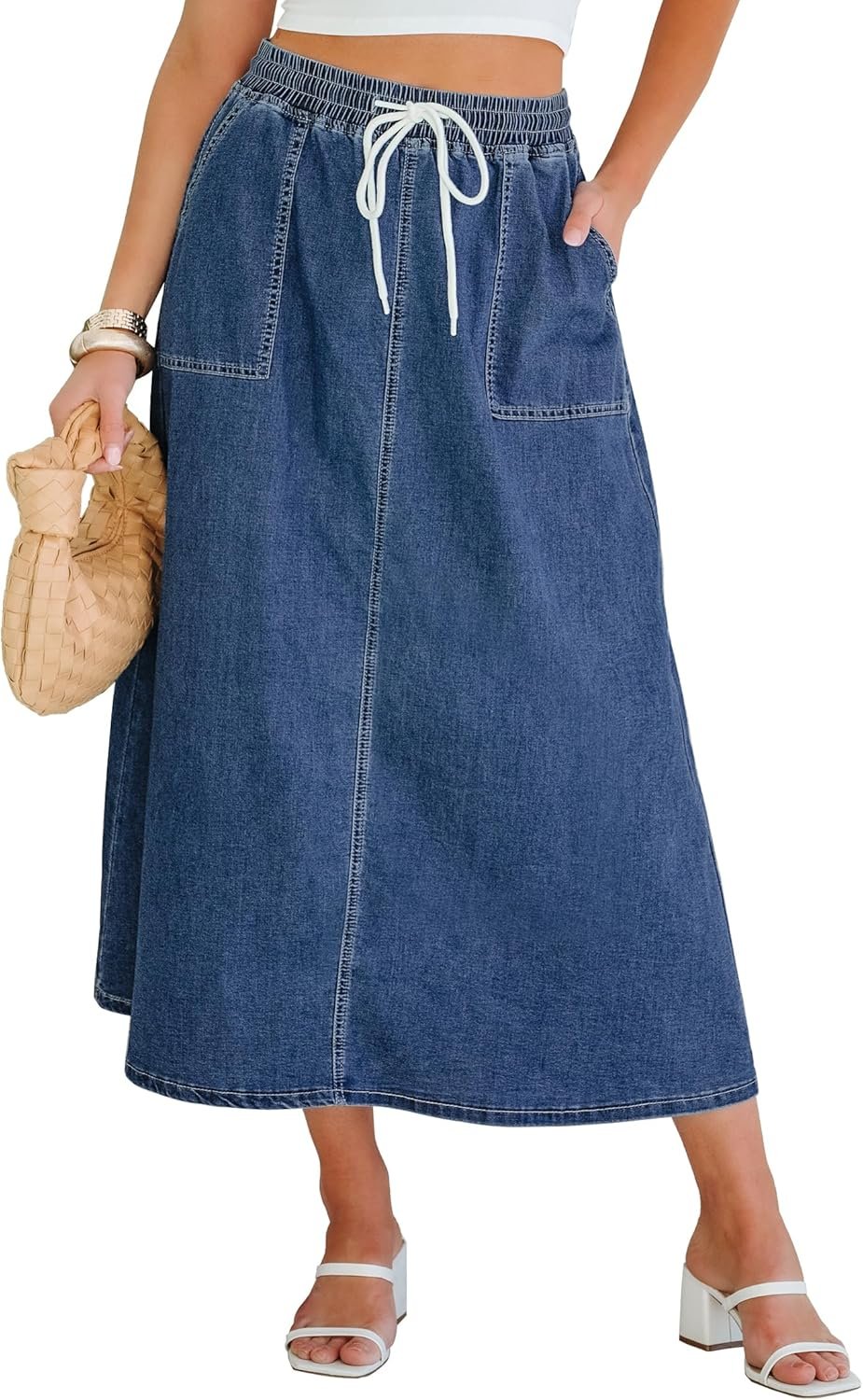 luvamia Denim Skirts for Girls Stylish A Line Lengthy Maxi Pull On Elastic Waist Drawstring Stretchy Jean Skirt with Pockets