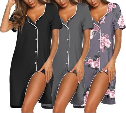 Ekouaer Nightgowns for Ladies 3 Pack Sleep Shirts Button Down Pajama Gown Brief Sleeve Nightshirt Sleepwear Nightdress