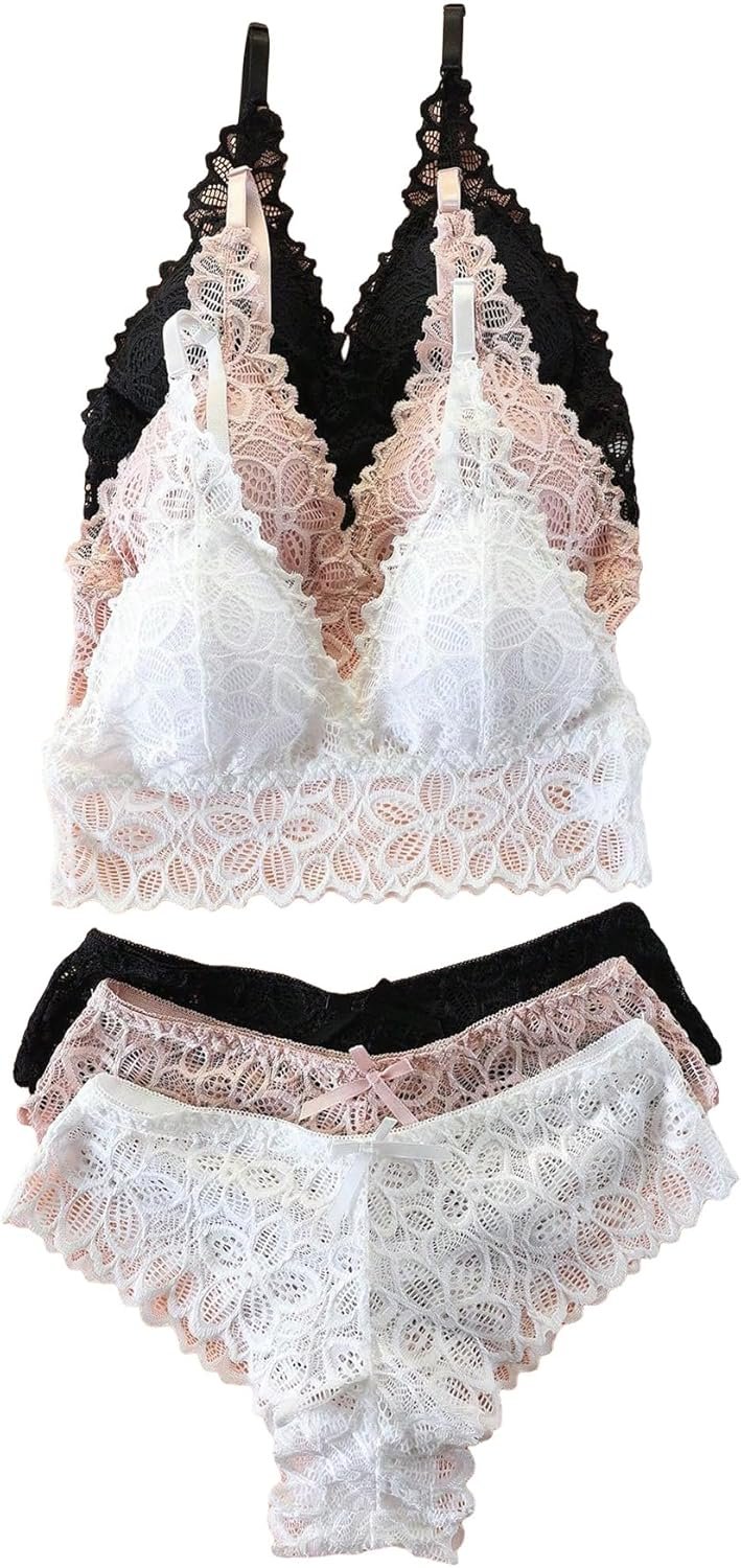 Verdusa Ladies’s 3 Pack Floral Lace Padded Bra and Panty Set Lingerie Units