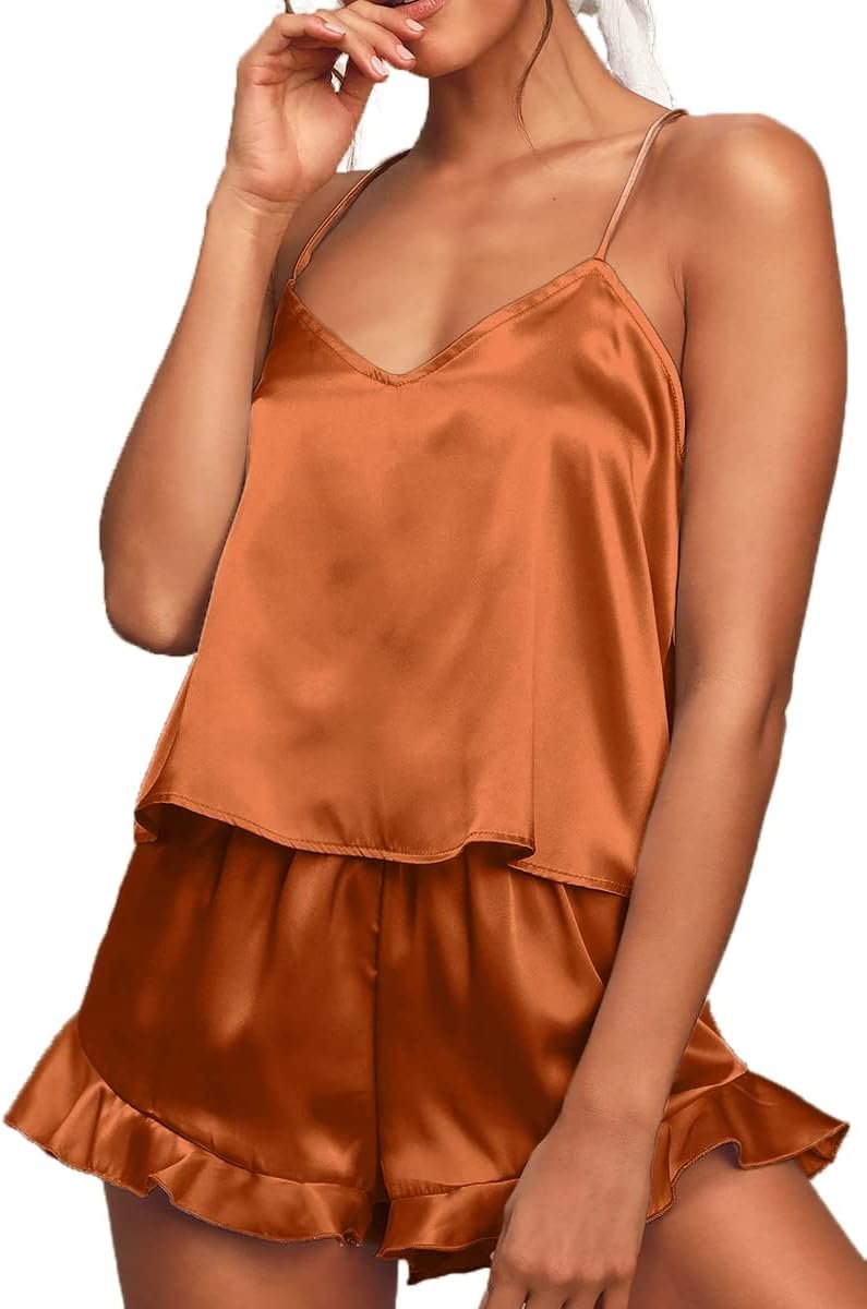 CHYRII Ladies’s Horny Silk Satin Ruffled Pajamas Units Cami Shorts Units Sleepwear