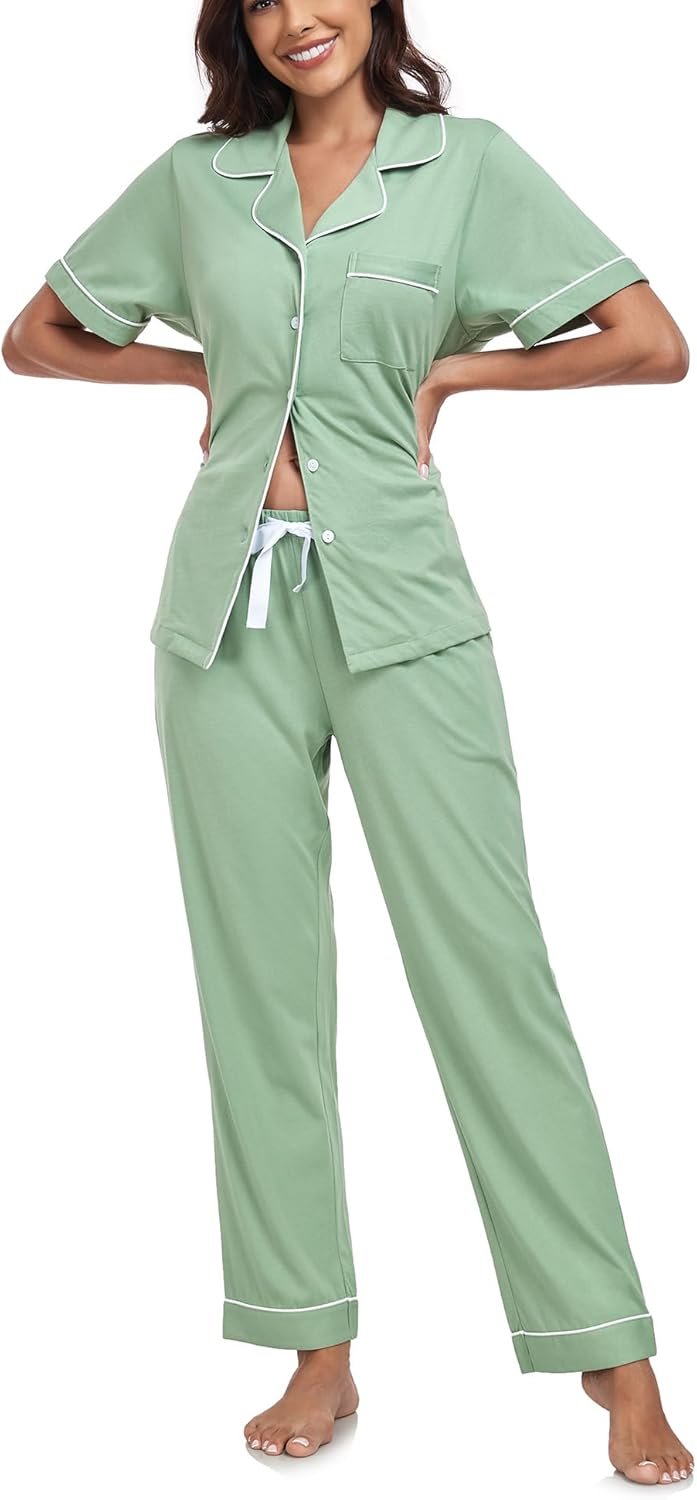 COLORFULLEAF Ladies’s 100% Cotton Pajama Set Button Down Sleepwear Quick Sleeve Shirt and Lengthy Pants Comfortable girls Lounge Units COLORFULLEAF Ladies’s 100% Cotton Pajama Set Button Down Sleepwear Quick Sleeve Shirt and Lengthy Pants Comfortable girls Lounge Units