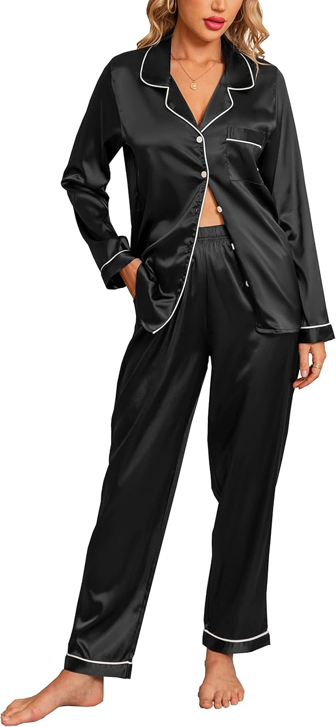 Anjue Silk Satin Pajamas Set Ladies’s Lengthy Sleeve Sleepwear Comfortable Pjs Set Two Piece Button Down Pj Set with Pockets S-XXL