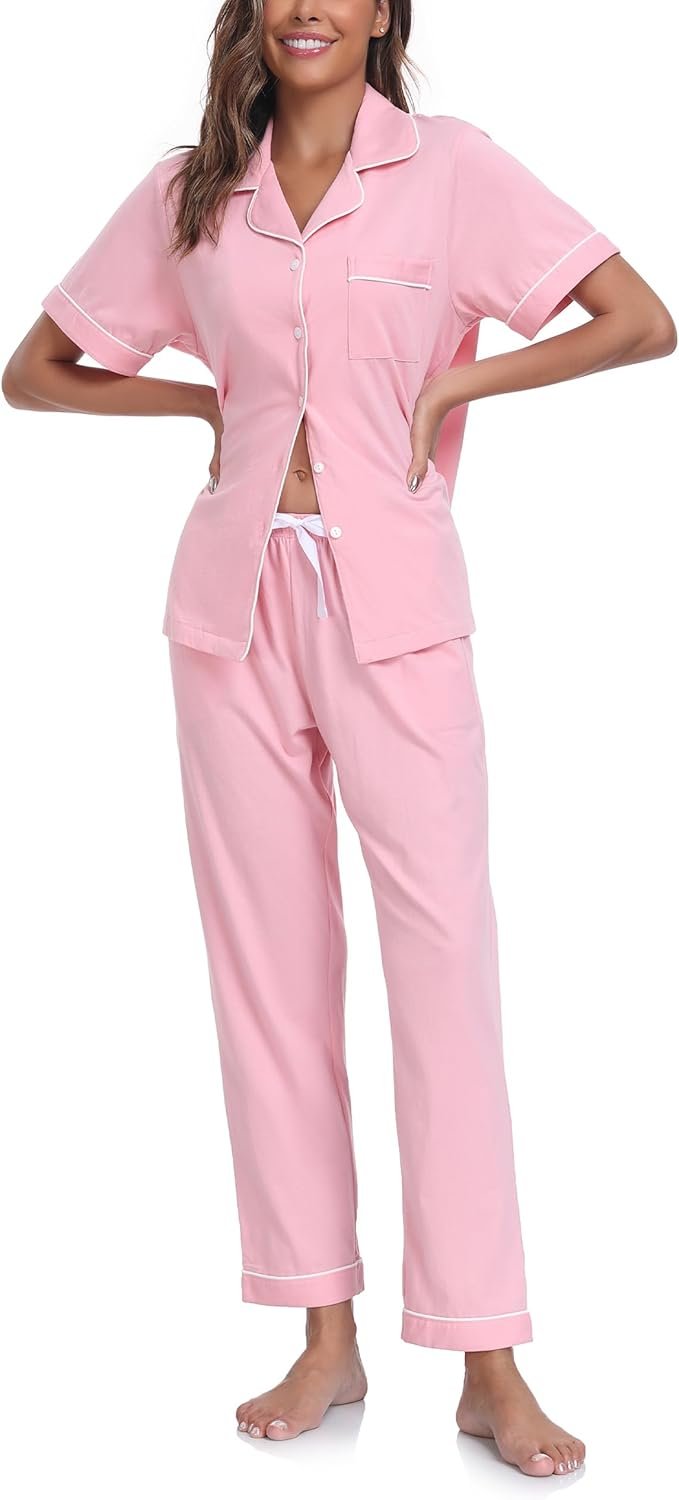 ANLIQI 100% Cotton Pajamas for Ladies Tender Button Up Brief Sleeve Shirt & Lengthy Pants Summer time Pjs Set Comfortable Loungewear S-2XL ANLIQI 100% Cotton Pajamas for Ladies Tender Button Up Brief Sleeve Shirt & Lengthy Pants Summer time Pjs Set Comfortable Loungewear S-2XL