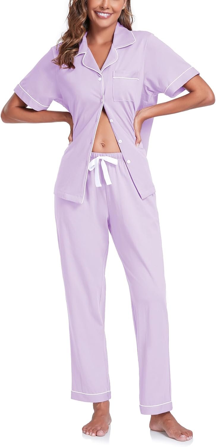 COLORFULLEAF Ladies’s 100% Cotton Pajama Set Button Down Sleepwear Quick Sleeve Shirt and Lengthy Pants Smooth women Lounge Units COLORFULLEAF Ladies’s 100% Cotton Pajama Set Button Down Sleepwear Quick Sleeve Shirt and Lengthy Pants Smooth women Lounge Units