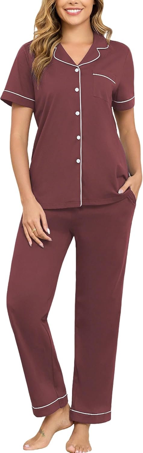 Veseacky 100% Cotton Pajamas for Ladies Set Brief Sleeve High with Pants Button Down Sleepwear Tender 2 Piece Pjs Lounge Units Veseacky 100% Cotton Pajamas for Ladies Set Brief Sleeve High with Pants Button Down Sleepwear Tender 2 Piece Pjs Lounge Units