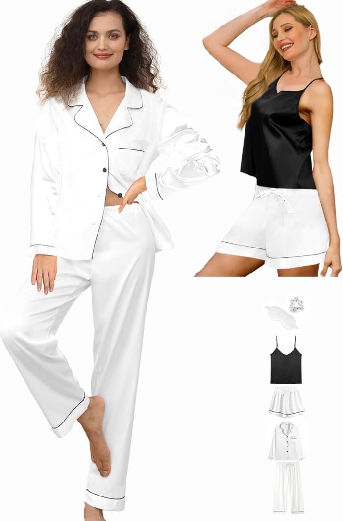 6Pcs Womens Silk Satin Pajama Units Pj Units Lengthy Pjs Set Pajamas Sleepwear Camisole Horny Cami