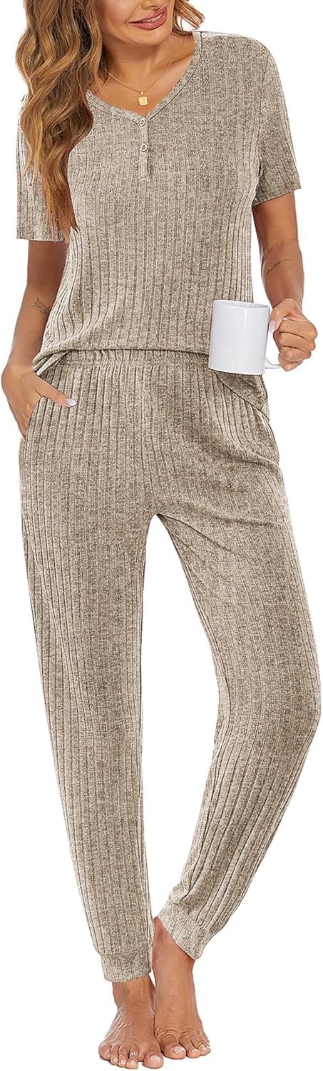 Ekouaer Pajama Units for Womens Rib Knit Lounge Set Jogger Pants Brief Sleeve Sleepwear 2 Piece Outfits Set with Pockets