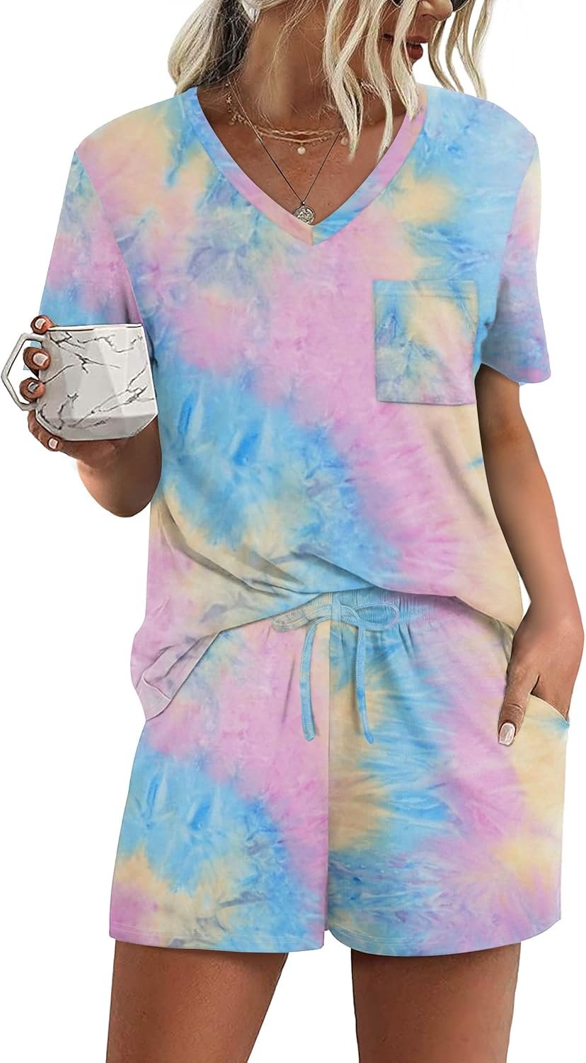 RUBZOOF Ladies’s Brief Sleeve Pajama Units with Pockets Informal V Neck 2 Piece Lounge Units S-3XL