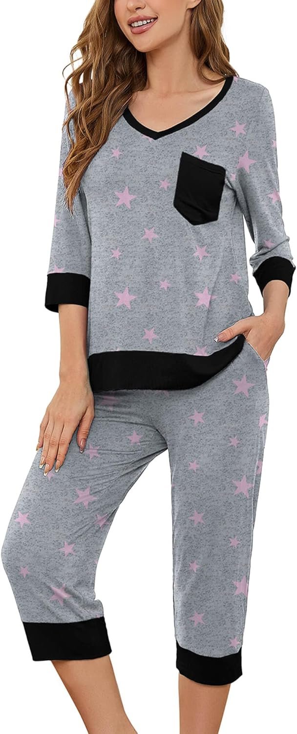 KORSIS Pajamas Set Womens 2 Piece PJS Smooth Sleepwear 3/4 Sleeve V-Neck Prime and Waisted Adjustable Capri Pants with Pocket