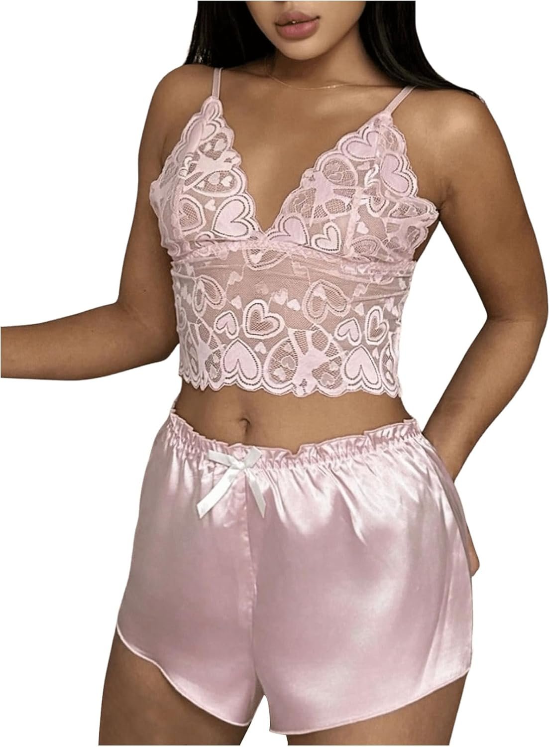 SweatyRocks Ladies’s Summer time Satin Lace Camisole Lingerie Cami Prime and Shorts 2 Piece Pajamas Set
