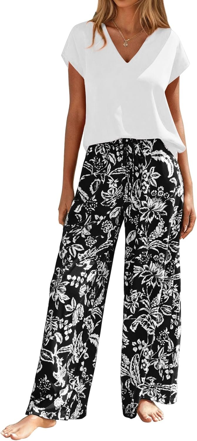 Andeip Womens Pajama Units Brief Sleeve High and Lengthy Pants Loungewear 2 Piece Lounge Set
